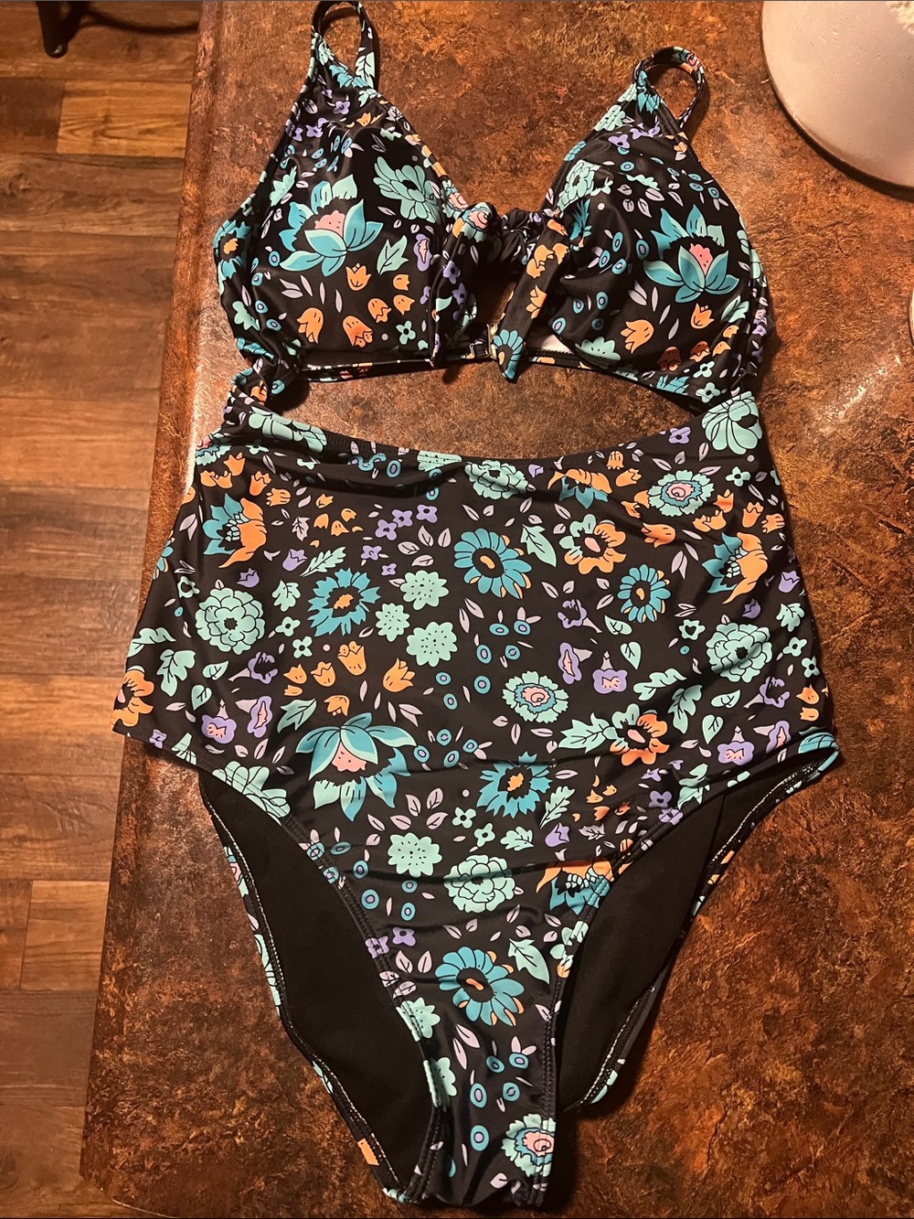Women’s Floral Swim Suit in Black with Teal & Orange Flowers